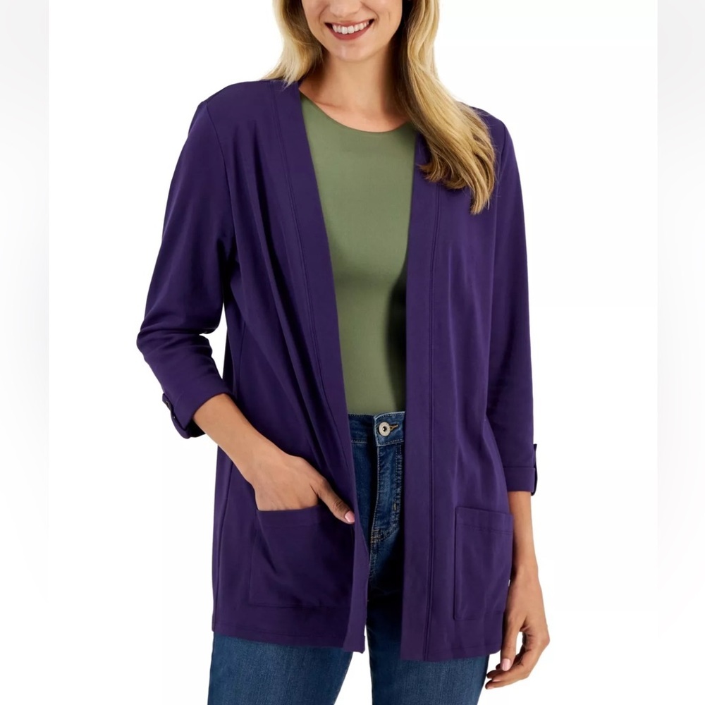 Karen Scott Cardigan Womens 0X Top Blue 3/4 Roll Tab‎ Sleeve Open Front Pocket